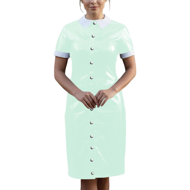 Vintage Wetlook PVC Leather Party Uniform Short Sleeve Club Vestidos Bodycon Midi Dress Button Down Fetish Female Cosplay Dress