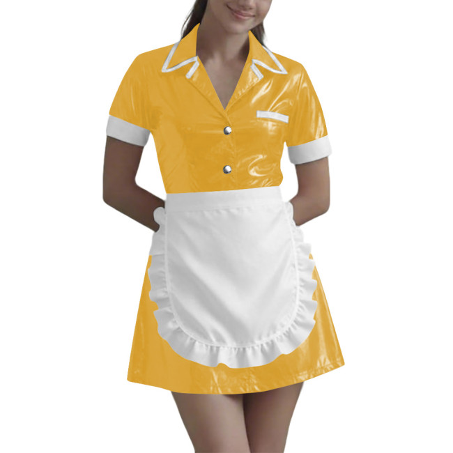 Women Wetlook Maid Cosplay Mini Dress Cute Ruffle Apron Lolita Halloween Short Sleeve PVC Leather Party Sexy Waitress Uniform