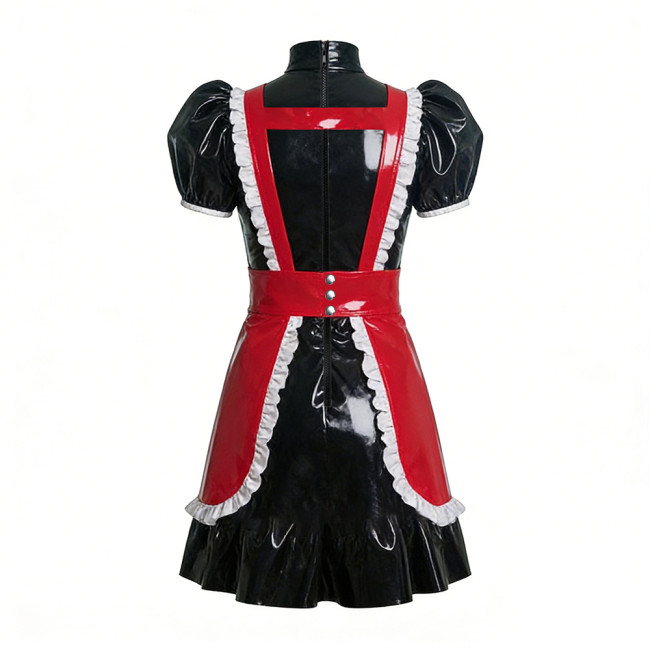 Sweet Puff Sleeve Lolita Wetlook Maid Dress Glossy PVC Leather Anime Theme Party Dress Gothic Puff Sleeve Cosplay French Costume