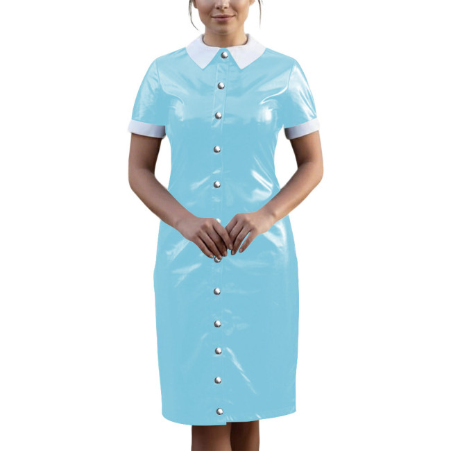 Vintage Wetlook PVC Leather Party Uniform Short Sleeve Club Vestidos Bodycon Midi Dress Button Down Fetish Female Cosplay Dress