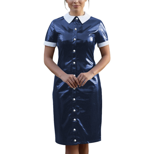 Vintage Wetlook PVC Leather Party Uniform Short Sleeve Club Vestidos Bodycon Midi Dress Button Down Fetish Female Cosplay Dress