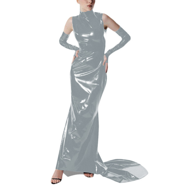 Exotic Gloves Shiny PVC Party High Neck Maxi Dress Wetlook Bodycon Evening Gown Trailing Floor Length Cocktail Prom Crossdresser