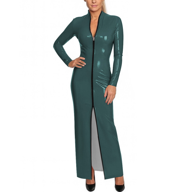 Y2K Shiny Wetlook Bodycon Rave Party Maxi Dress Long Sleeve Cosplay Dress Front Zip PVC Leather Gown Sexy Latex-Like Clubwear