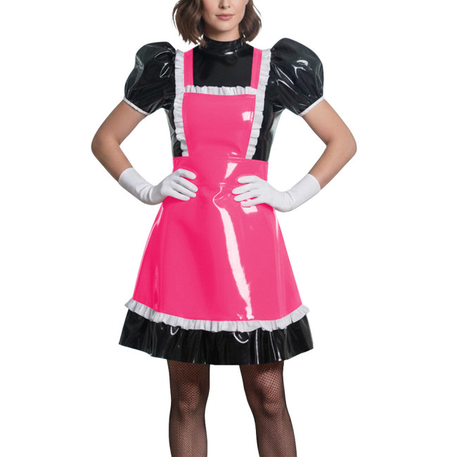 Sweet Puff Sleeve Lolita Wetlook Maid Dress Glossy PVC Leather Anime Theme Party Dress Gothic Puff Sleeve Cosplay French Costume