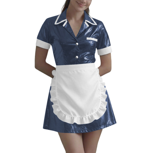 Women Wetlook Maid Cosplay Mini Dress Cute Ruffle Apron Lolita Halloween Short Sleeve PVC Leather Party Sexy Waitress Uniform