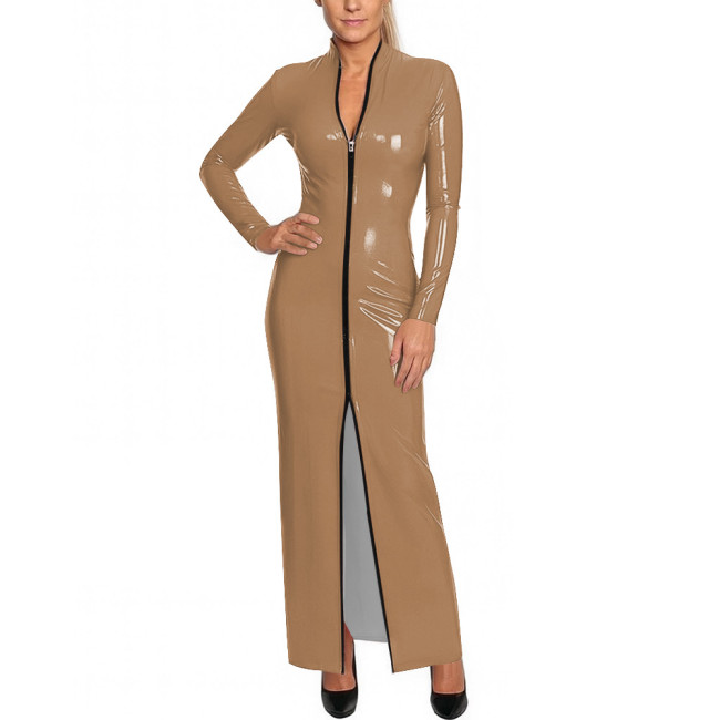 Y2K Shiny Wetlook Bodycon Rave Party Maxi Dress Long Sleeve Cosplay Dress Front Zip PVC Leather Gown Sexy Latex-Like Clubwear