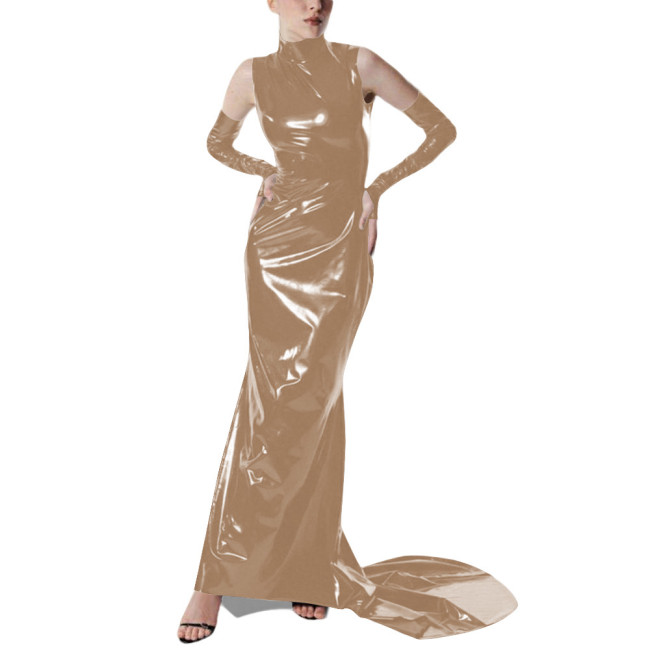 Exotic Gloves Shiny PVC Party High Neck Maxi Dress Wetlook Bodycon Evening Gown Trailing Floor Length Cocktail Prom Crossdresser