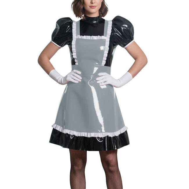 Sweet Puff Sleeve Lolita Wetlook Maid Dress Glossy PVC Leather Anime Theme Party Dress Gothic Puff Sleeve Cosplay French Costume