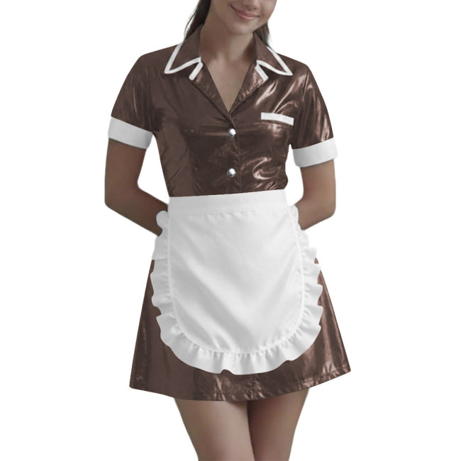 Women Wetlook Maid Cosplay Mini Dress Cute Ruffle Apron Lolita Halloween Short Sleeve PVC Leather Party Sexy Waitress Uniform