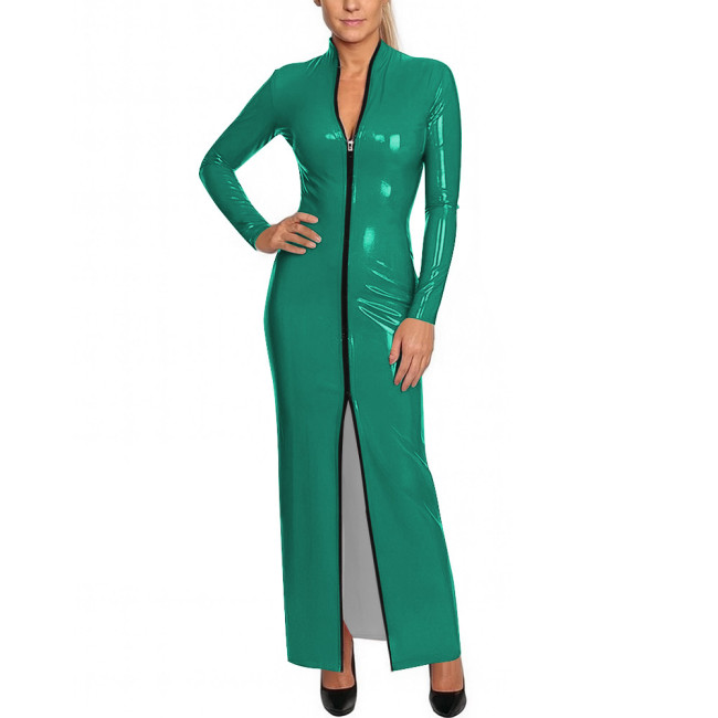 Y2K Shiny Wetlook Bodycon Rave Party Maxi Dress Long Sleeve Cosplay Dress Front Zip PVC Leather Gown Sexy Latex-Like Clubwear