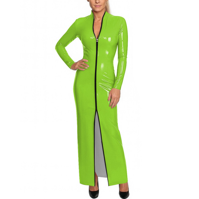 Y2K Shiny Wetlook Bodycon Rave Party Maxi Dress Long Sleeve Cosplay Dress Front Zip PVC Leather Gown Sexy Latex-Like Clubwear