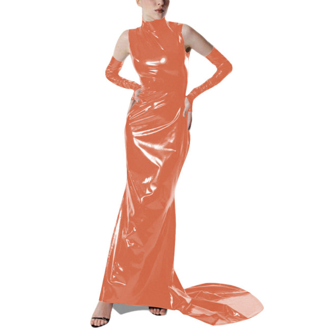 Exotic Gloves Shiny PVC Party High Neck Maxi Dress Wetlook Bodycon Evening Gown Trailing Floor Length Cocktail Prom Crossdresser