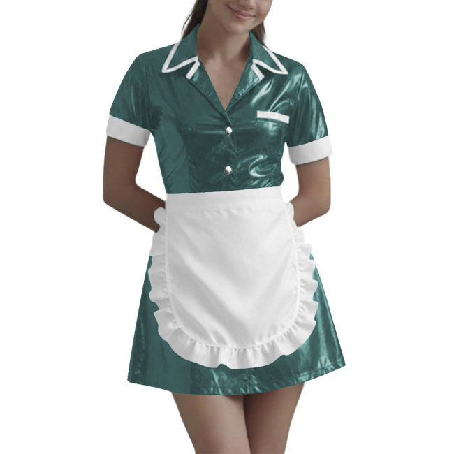 Women Wetlook Maid Cosplay Mini Dress Cute Ruffle Apron Lolita Halloween Short Sleeve PVC Leather Party Sexy Waitress Uniform