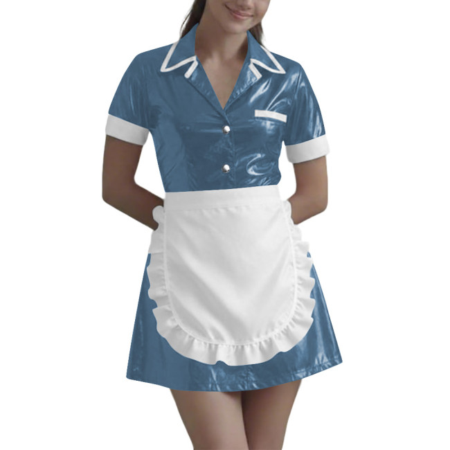 Women Wetlook Maid Cosplay Mini Dress Cute Ruffle Apron Lolita Halloween Short Sleeve PVC Leather Party Sexy Waitress Uniform