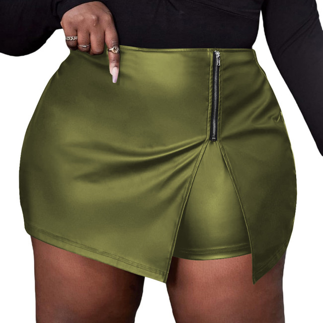 Plus Size Matte PU Leather Lady Bodycon Skirt Wetlook High Waist Skirt Built-in Shorts Party Zipper Outfit High Waist Streetwear