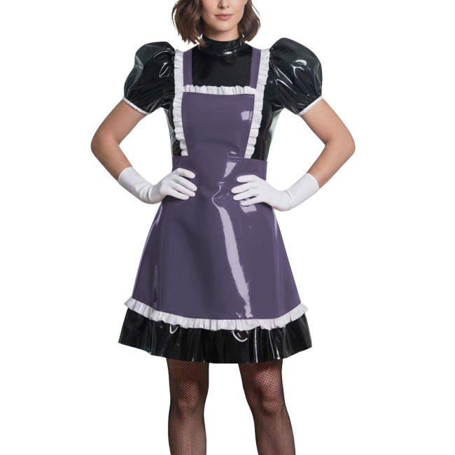 Sweet Puff Sleeve Lolita Wetlook Maid Dress Glossy PVC Leather Anime Theme Party Dress Gothic Puff Sleeve Cosplay French Costume