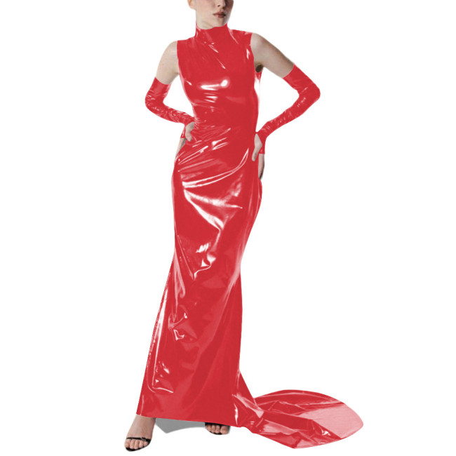 Exotic Gloves Shiny PVC Party High Neck Maxi Dress Wetlook Bodycon Evening Gown Trailing Floor Length Cocktail Prom Crossdresser