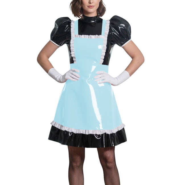 Sweet Puff Sleeve Lolita Wetlook Maid Dress Glossy PVC Leather Anime Theme Party Dress Gothic Puff Sleeve Cosplay French Costume