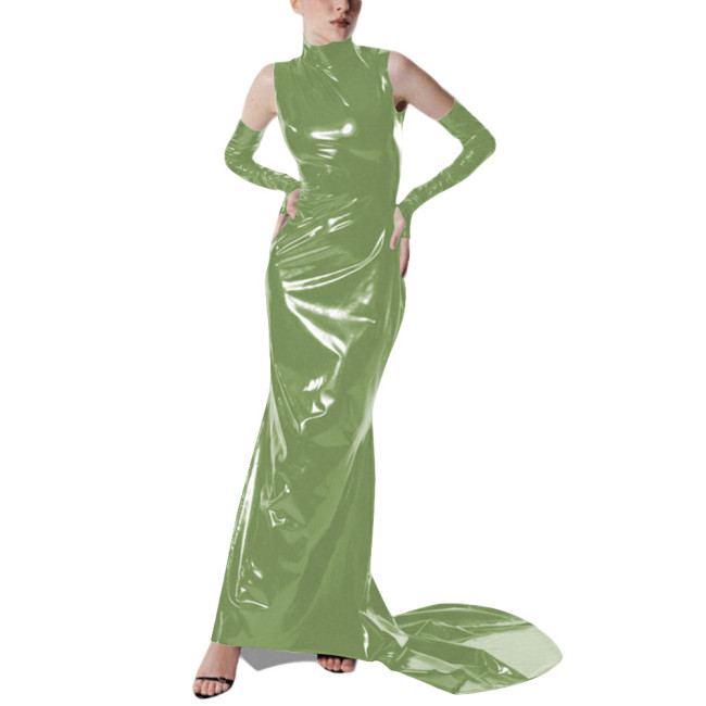 Exotic Gloves Shiny PVC Party High Neck Maxi Dress Wetlook Bodycon Evening Gown Trailing Floor Length Cocktail Prom Crossdresser