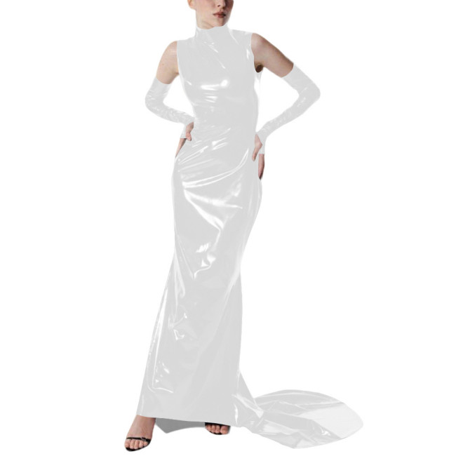 Exotic Gloves Shiny PVC Party High Neck Maxi Dress Wetlook Bodycon Evening Gown Trailing Floor Length Cocktail Prom Crossdresser