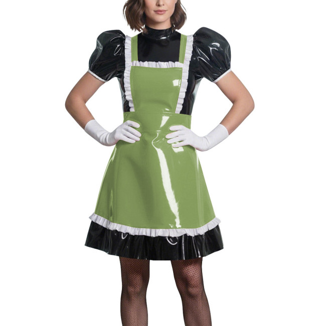 Sweet Puff Sleeve Lolita Wetlook Maid Dress Glossy PVC Leather Anime Theme Party Dress Gothic Puff Sleeve Cosplay French Costume
