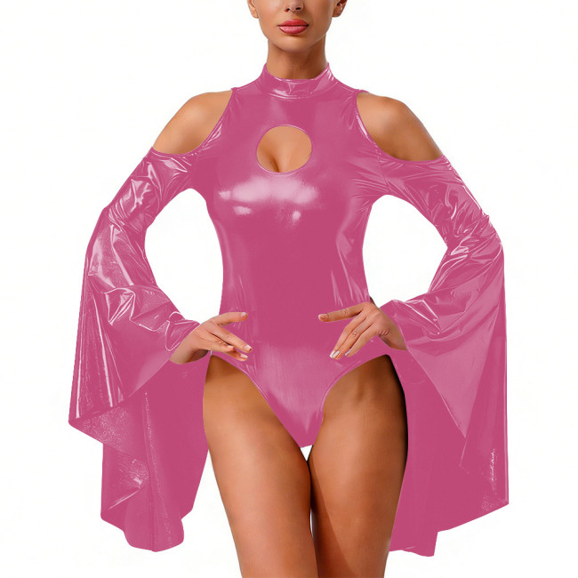 Wetlook Liquid Metallic Night Out Bodysuit Shiny Flare Sleeve Halloween Catsuit Fetish Cutout Cosplay Backless Bodycon Jumpsuit