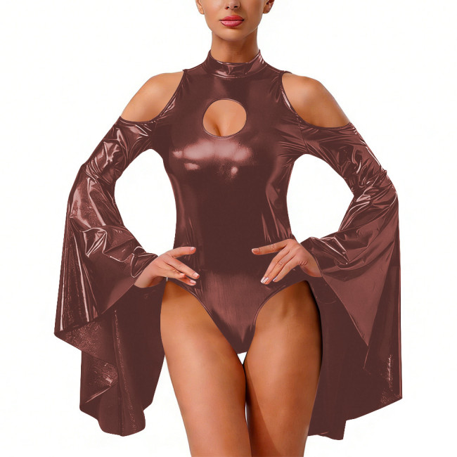 Wetlook Liquid Metallic Night Out Bodysuit Shiny Flare Sleeve Halloween Catsuit Fetish Cutout Cosplay Backless Bodycon Jumpsuit