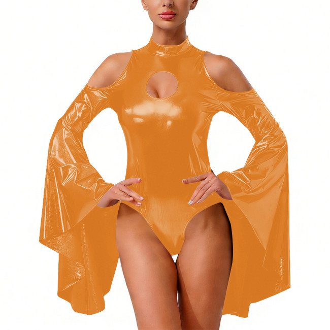 Wetlook Liquid Metallic Night Out Bodysuit Shiny Flare Sleeve Halloween Catsuit Fetish Cutout Cosplay Backless Bodycon Jumpsuit