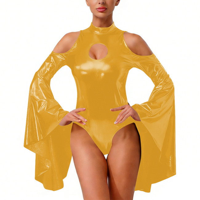 Wetlook Liquid Metallic Night Out Bodysuit Shiny Flare Sleeve Halloween Catsuit Fetish Cutout Cosplay Backless Bodycon Jumpsuit
