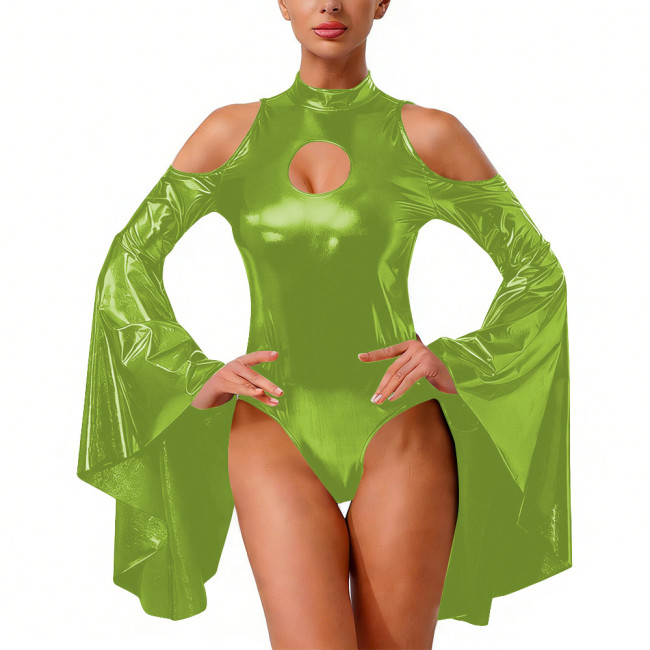 Wetlook Liquid Metallic Night Out Bodysuit Shiny Flare Sleeve Halloween Catsuit Fetish Cutout Cosplay Backless Bodycon Jumpsuit