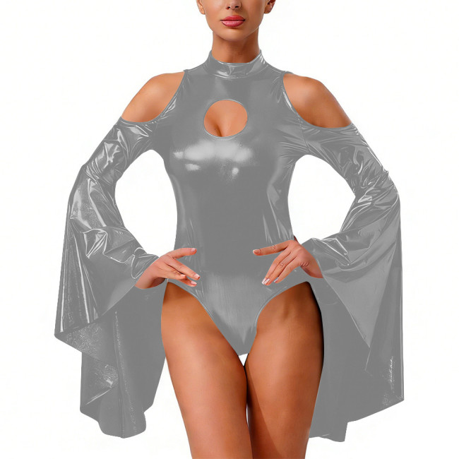 Wetlook Liquid Metallic Night Out Bodysuit Shiny Flare Sleeve Halloween Catsuit Fetish Cutout Cosplay Backless Bodycon Jumpsuit