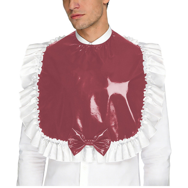 Unisex Wetlook PVC Adult Bib Fetish Fashion Ruffle Trim Bowknot Decor Shiny Vinyl Sissy Cosplay Apron Party Maid Crossdresser