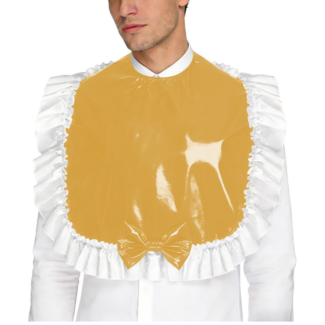 Unisex Wetlook PVC Adult Bib Fetish Fashion Ruffle Trim Bowknot Decor Shiny Vinyl Sissy Cosplay Apron Party Maid Crossdresser