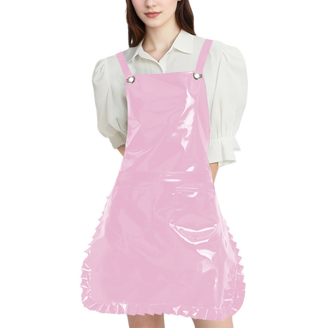 Wetlook PVC Leather Strap Ruffle Apron Womens Mens Club Glossy Apron with Two Pockets for Maid Nurse Artists and Hairdressers
