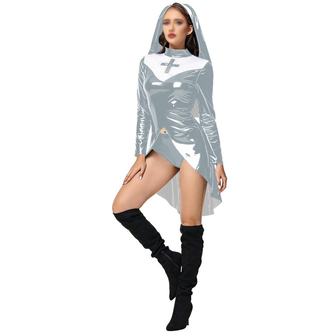 Womens Sexy PU Glossy Leather Nun Dress Three-piece Set Party Cosplay Anime Halloween Dress Up Costume Thongs Head Scarf Outfits
