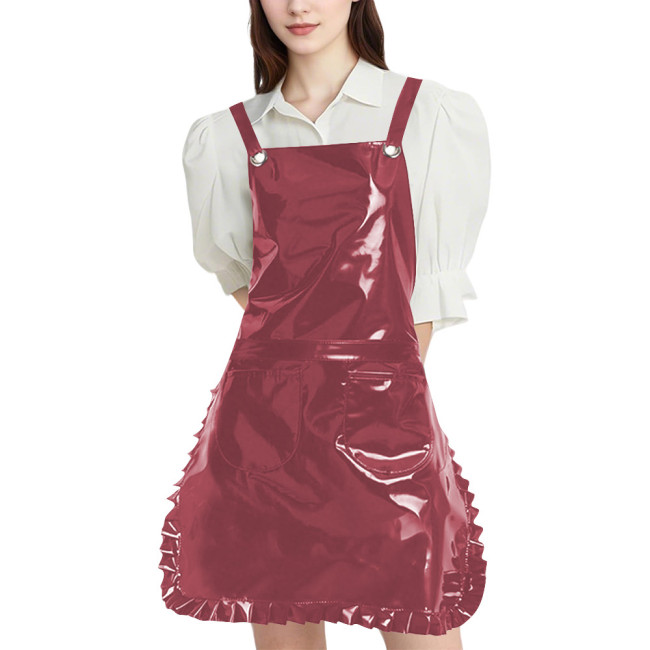 Wetlook PVC Leather Strap Ruffle Apron Womens Mens Club Glossy Apron with Two Pockets for Maid Nurse Artists and Hairdressers