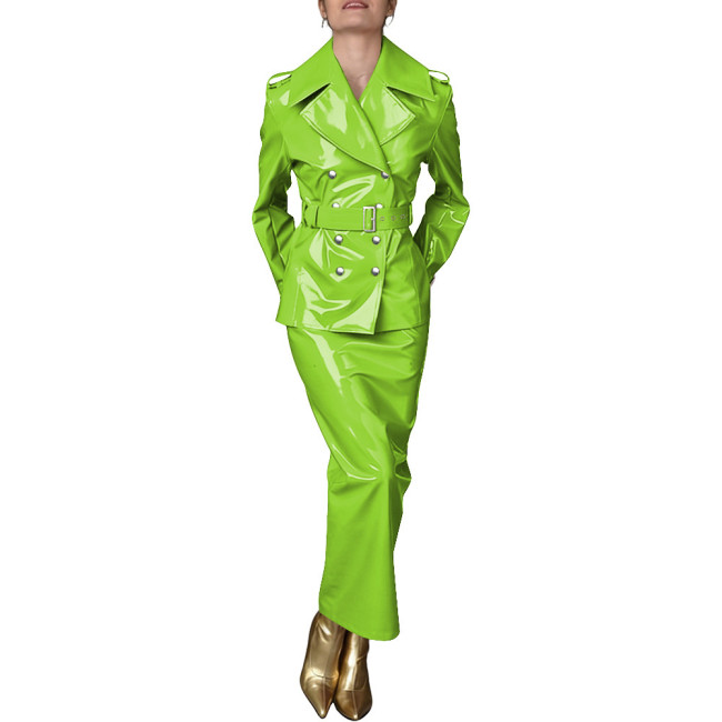 Lady Shiny PVC Leather 2 Piece Party Set Double Breasted Belted Trench Coat High Waist Cocktail Maxi Skirt Wetlook Streetwear