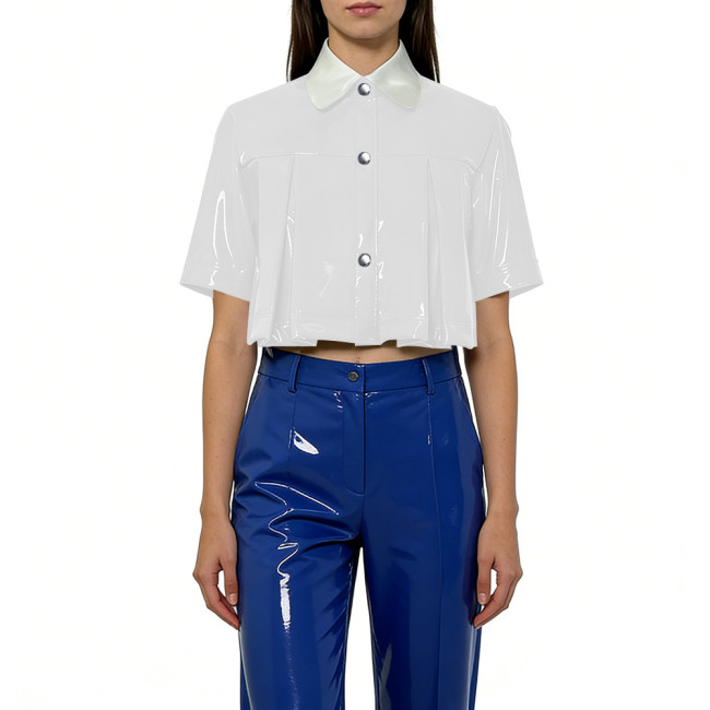 Plus Size New Women's Crop Shirt Glossy PVC Short Sleeve Turn-down Collar Pleat Mini Shirt Trendy Tops Button Down Casual Blouse