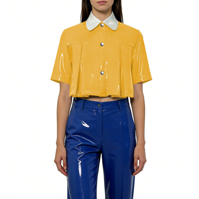 Plus Size New Women's Crop Shirt Glossy PVC Short Sleeve Turn-down Collar Pleat Mini Shirt Trendy Tops Button Down Casual Blouse