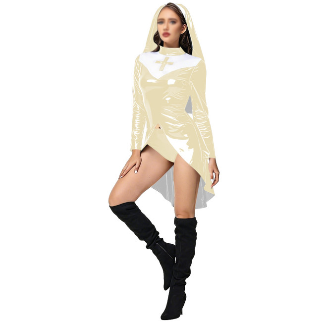 Womens Sexy PU Glossy Leather Nun Dress Three-piece Set Party Cosplay Anime Halloween Dress Up Costume Thongs Head Scarf Outfits