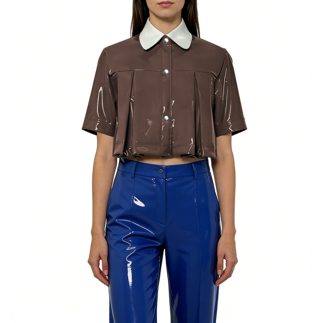 Plus Size New Women's Crop Shirt Glossy PVC Short Sleeve Turn-down Collar Pleat Mini Shirt Trendy Tops Button Down Casual Blouse