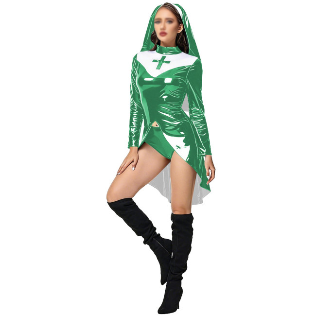 Womens Sexy PU Glossy Leather Nun Dress Three-piece Set Party Cosplay Anime Halloween Dress Up Costume Thongs Head Scarf Outfits