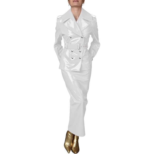 Lady Shiny PVC Leather 2 Piece Party Set Double Breasted Belted Trench Coat High Waist Cocktail Maxi Skirt Wetlook Streetwear