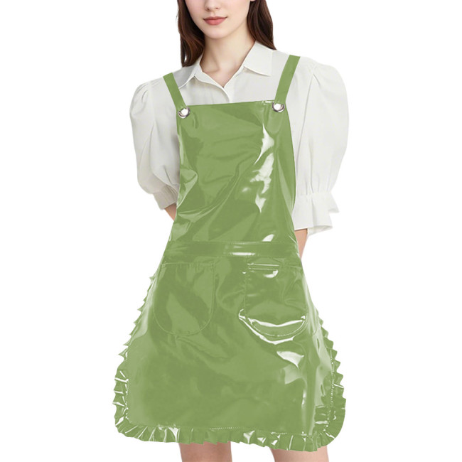 Wetlook PVC Leather Strap Ruffle Apron Womens Mens Club Glossy Apron with Two Pockets for Maid Nurse Artists and Hairdressers