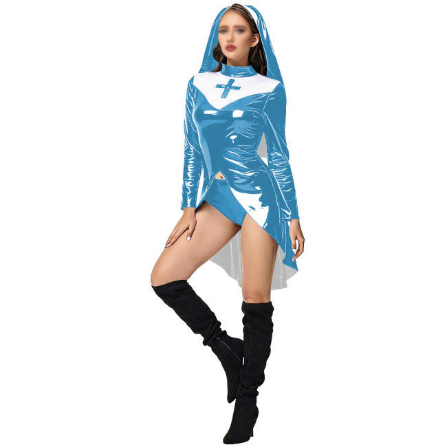 Womens Sexy PU Glossy Leather Nun Dress Three-piece Set Party Cosplay Anime Halloween Dress Up Costume Thongs Head Scarf Outfits