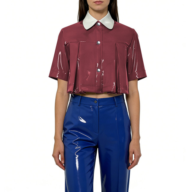 Plus Size New Women's Crop Shirt Glossy PVC Short Sleeve Turn-down Collar Pleat Mini Shirt Trendy Tops Button Down Casual Blouse