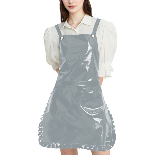Wetlook PVC Leather Strap Ruffle Apron Womens Mens Club Glossy Apron with Two Pockets for Maid Nurse Artists and Hairdressers