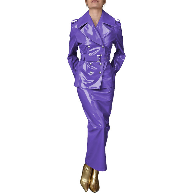 Lady Shiny PVC Leather 2 Piece Party Set Double Breasted Belted Trench Coat High Waist Cocktail Maxi Skirt Wetlook Streetwear