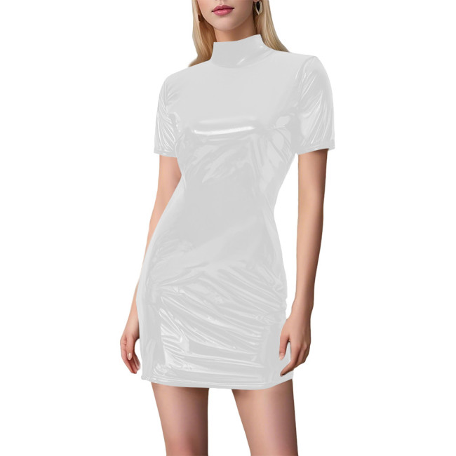 Plus Size Sexy Mini Tight Dress Glossy PVC Short Sleeve Street Style Bodycon Dresses Women's Casual Fashion Slim Fit Dress 8XL