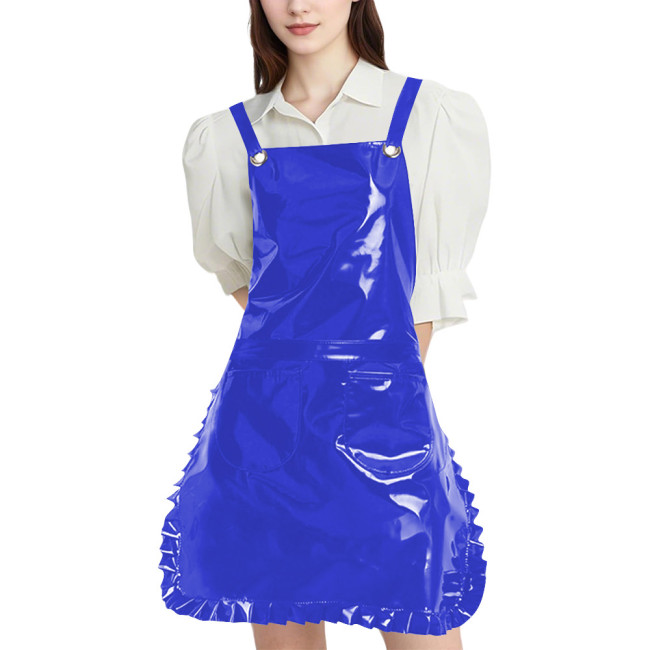 Wetlook PVC Leather Strap Ruffle Apron Womens Mens Club Glossy Apron with Two Pockets for Maid Nurse Artists and Hairdressers